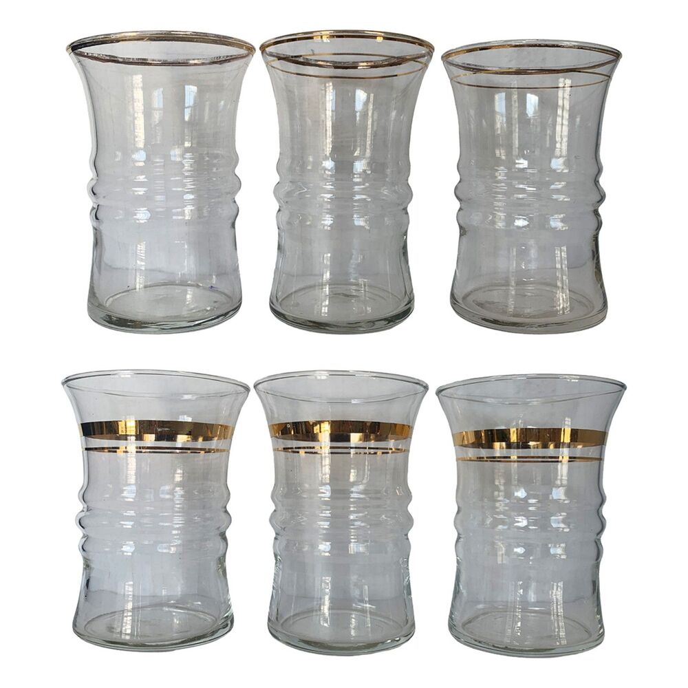 Vintage Mid-Century Modern Gold-Banded Tumbler Glasses - Mixed Lot of 6